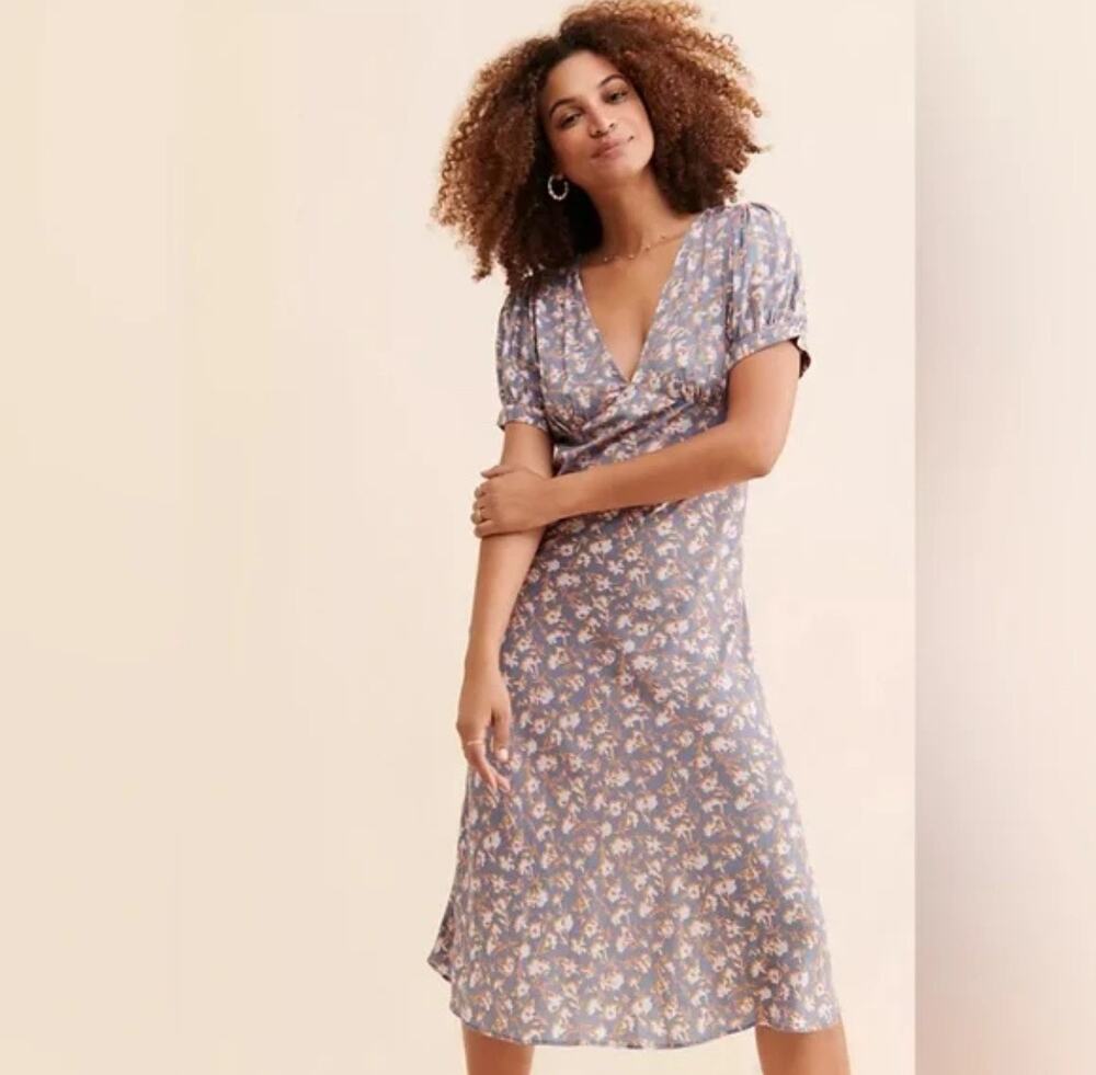 Free People Jens Pirate Booty Gray Daisy Printed Short Sleeve Midi Dress Sz S N